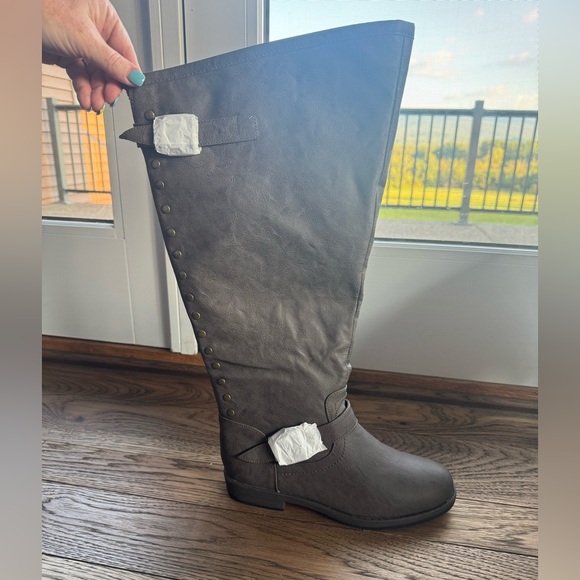 Journee Collection Grey Faux Leather Riding Boots - Picture 1 of 8